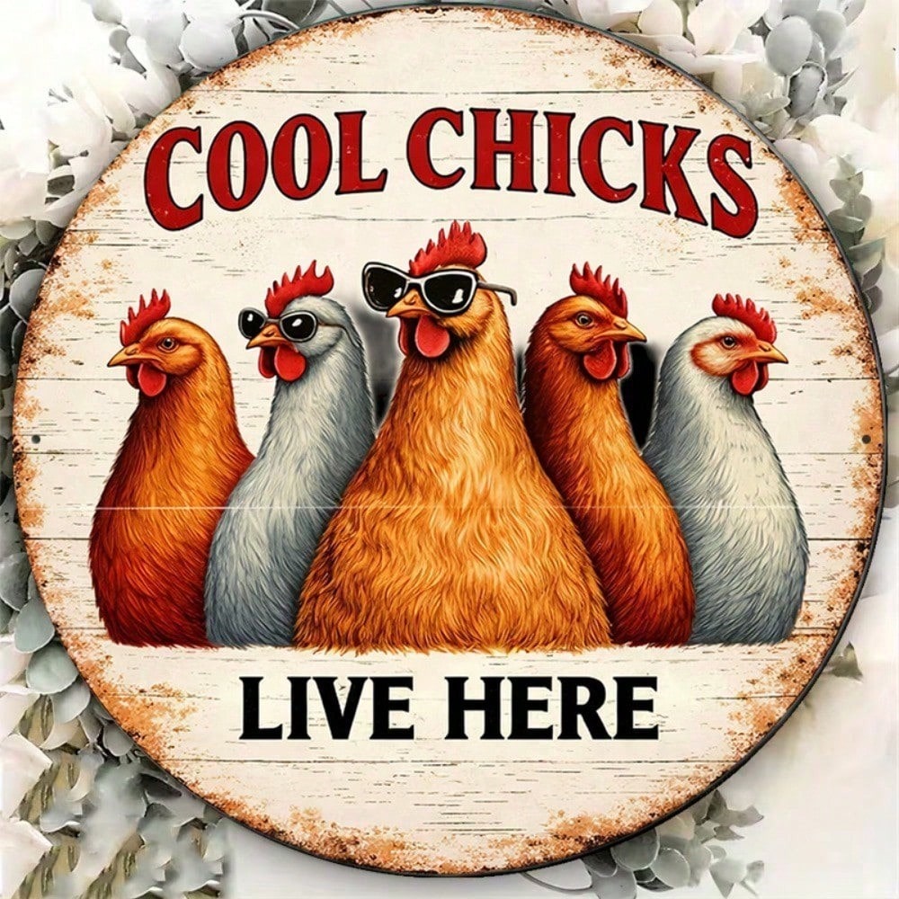 Funny Chicken Round Sign - Retro Farmhouse Decor - 8x8in Tin