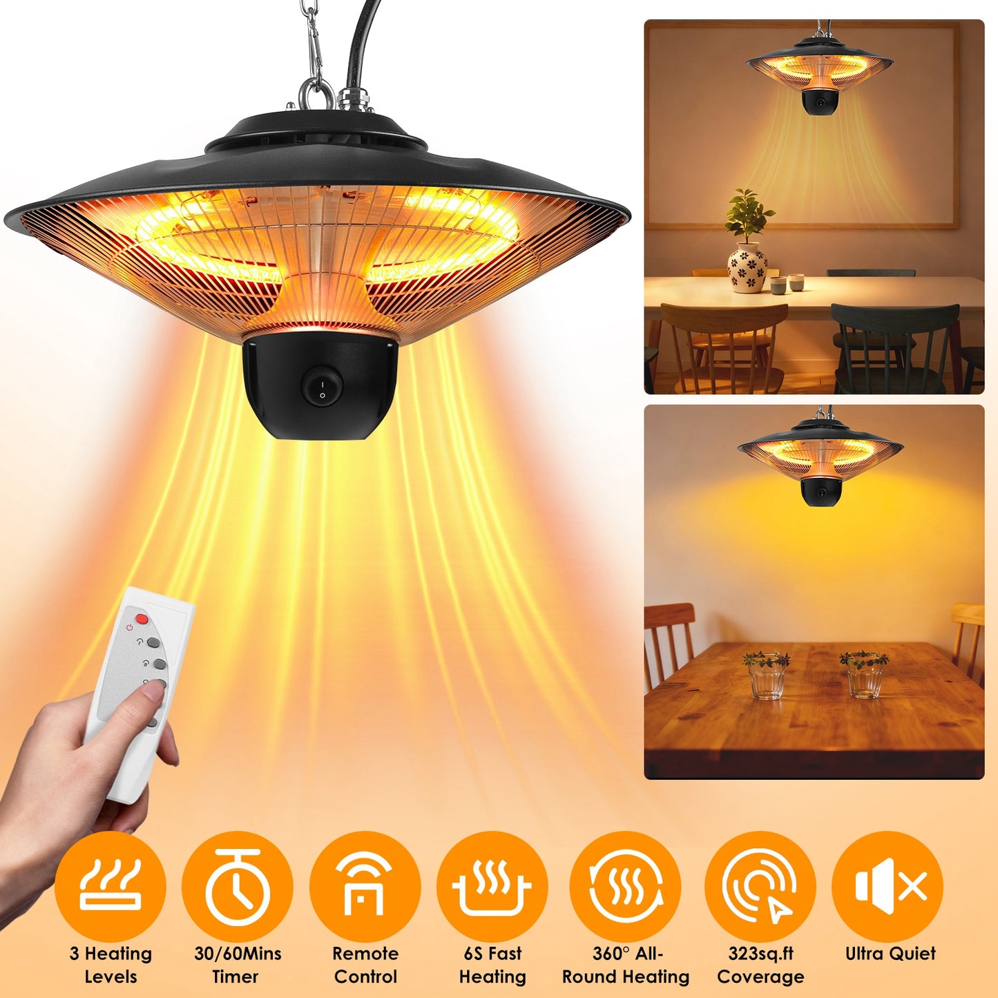 1500W Outdoor Ceiling Mount Patio Heater IP23 Waterproof with Remote & Timer - Black