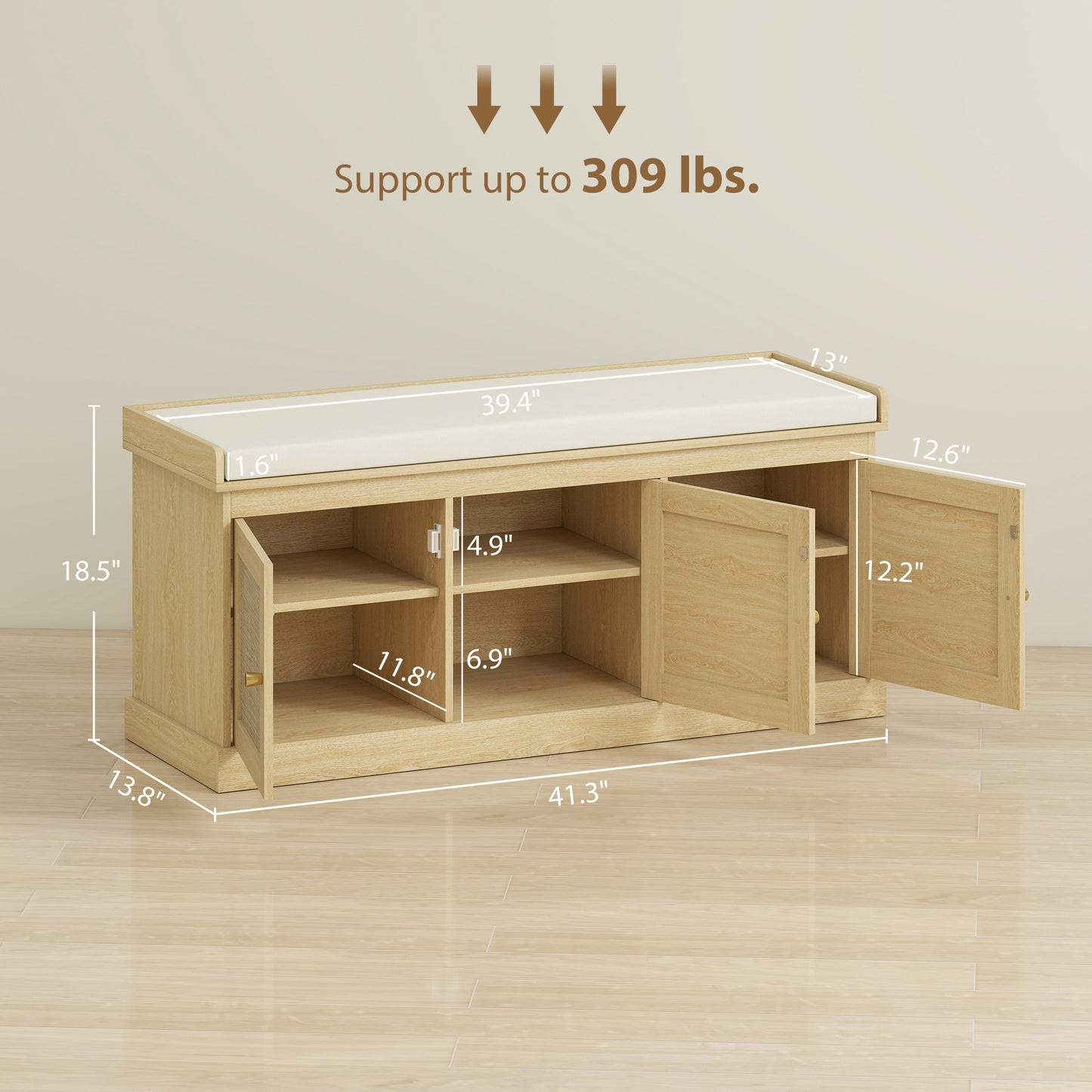 Shoe Storage Bench with Woven Rattan Doors - Cream White Oak