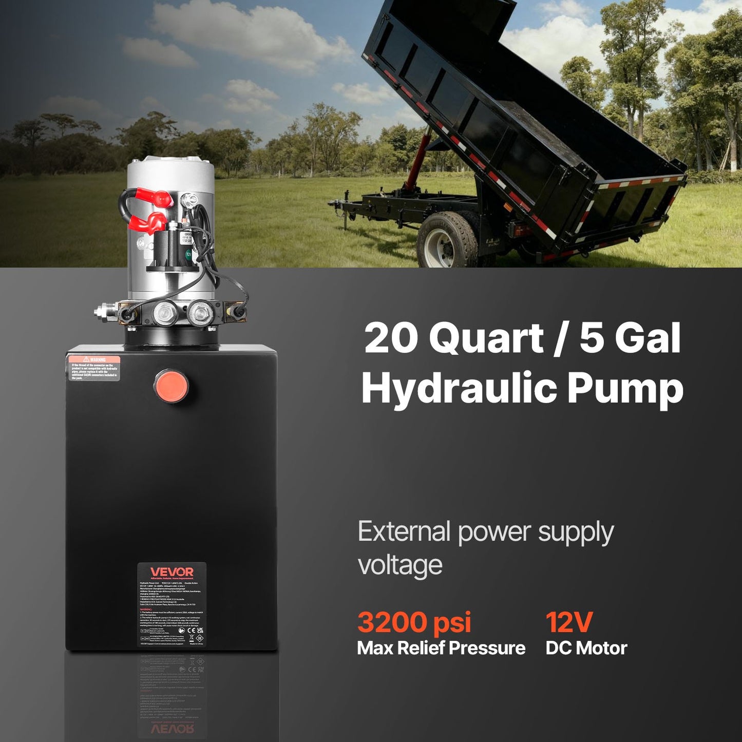 20 Quart Hydraulic Power Unit for Dump Trailer and Car Lifting - 3200 PSI 12V