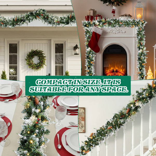 9FT Pre-Lit Snow Flocked Christmas Garland - 2 Pack with Warm White Lights & Red Berries