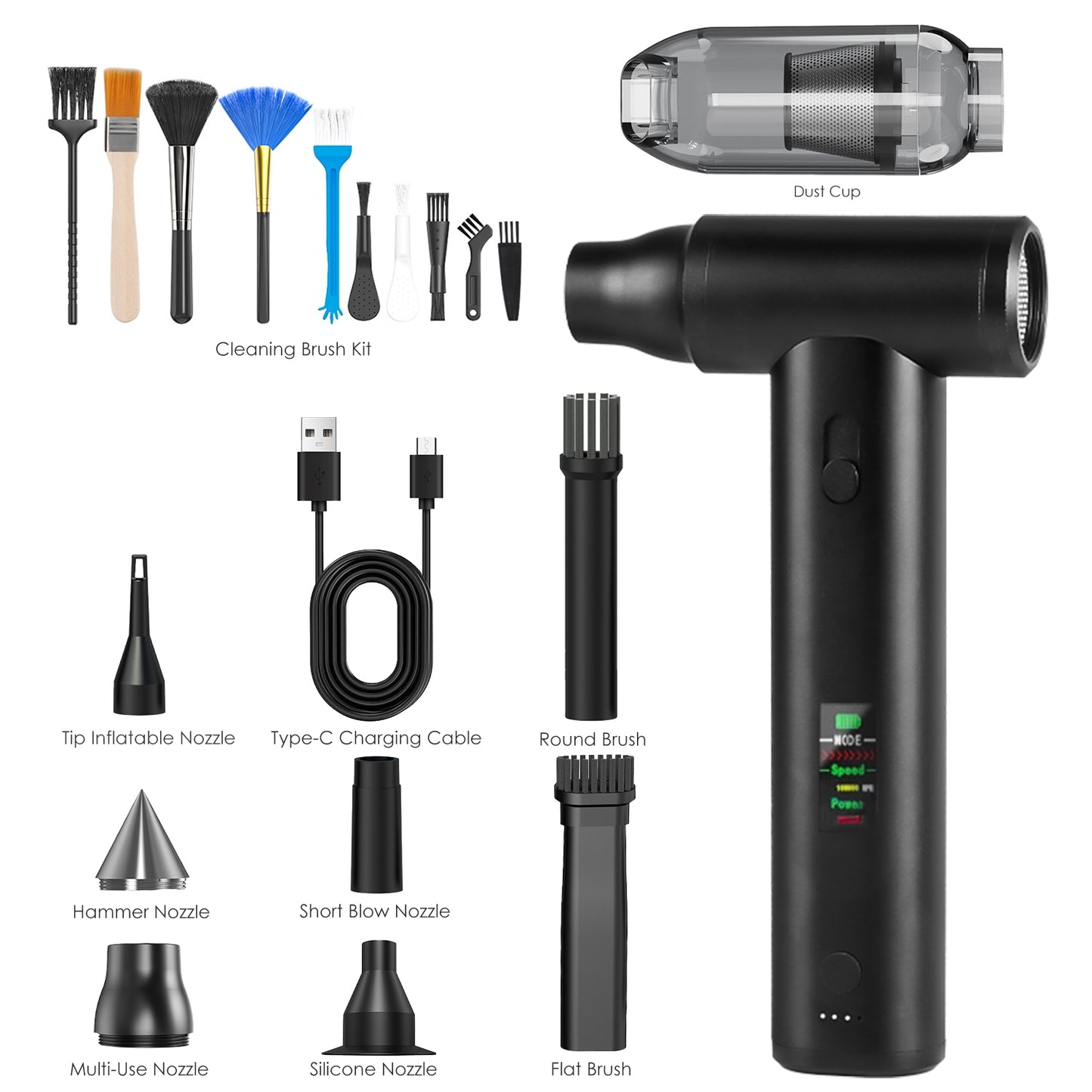 Pro Compressed Air Duster & Vacuum Cleaner 130,000RPM Cordless Blower with 19 Accessories