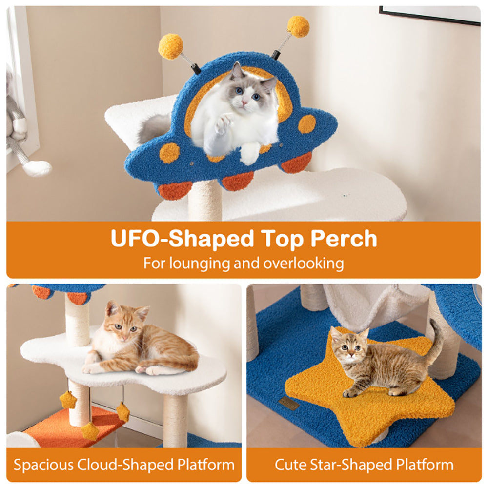 Tall Cat Tree with UFO Top Perch, Space Capsule & Sisal Posts - Blue