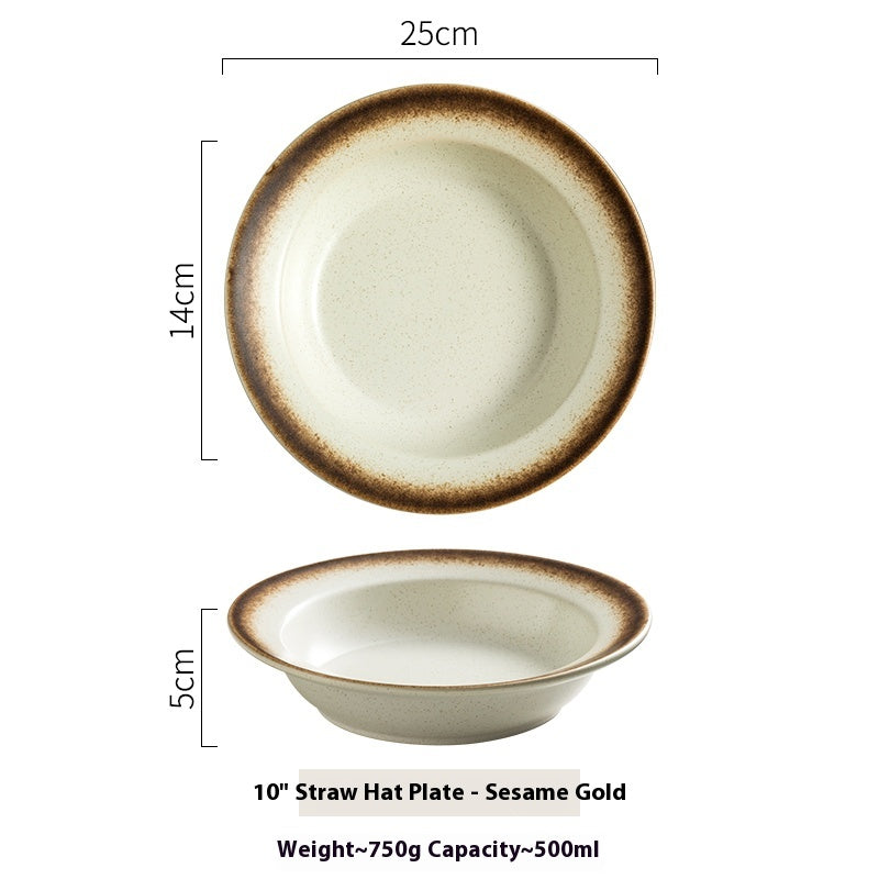 Ceramic Flat Plate with Straw Hat Design - Household Dinnerware Set