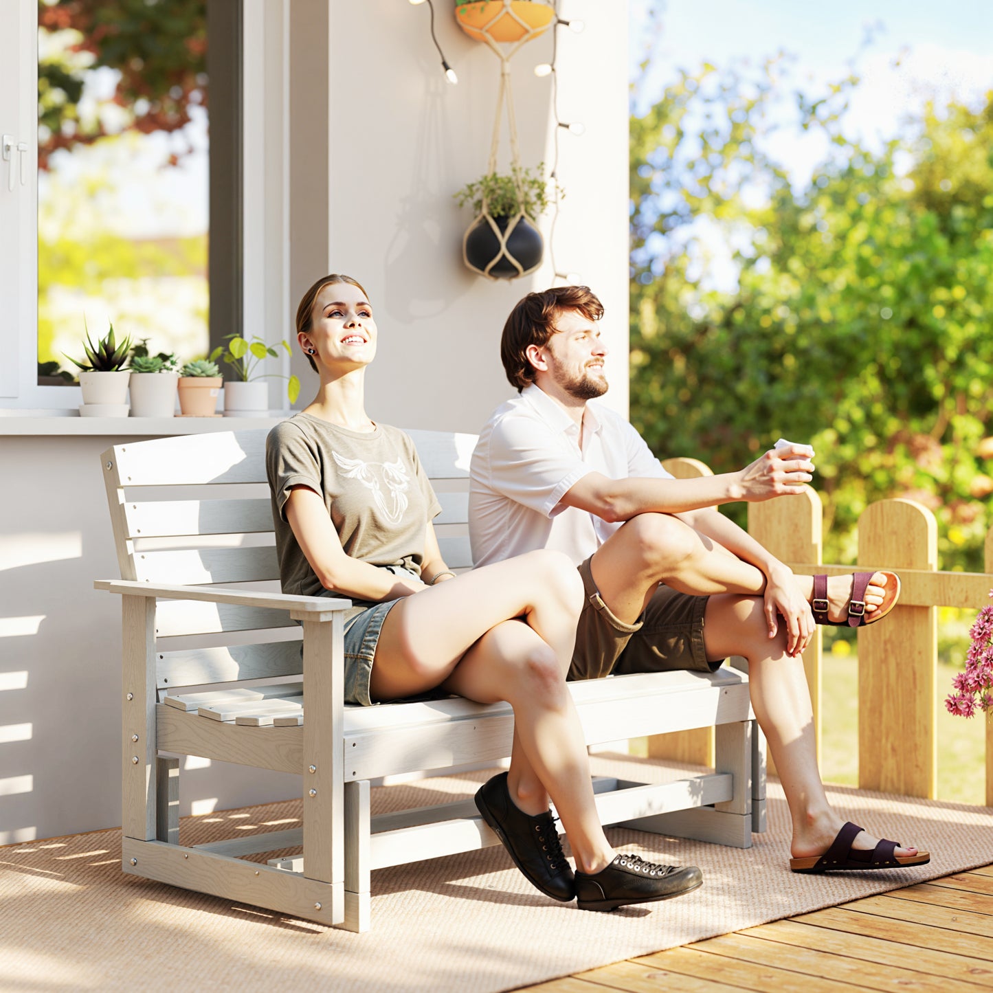 Patio Glider Bench with HDPE Slatted Double Rocking Chair - Distressed White