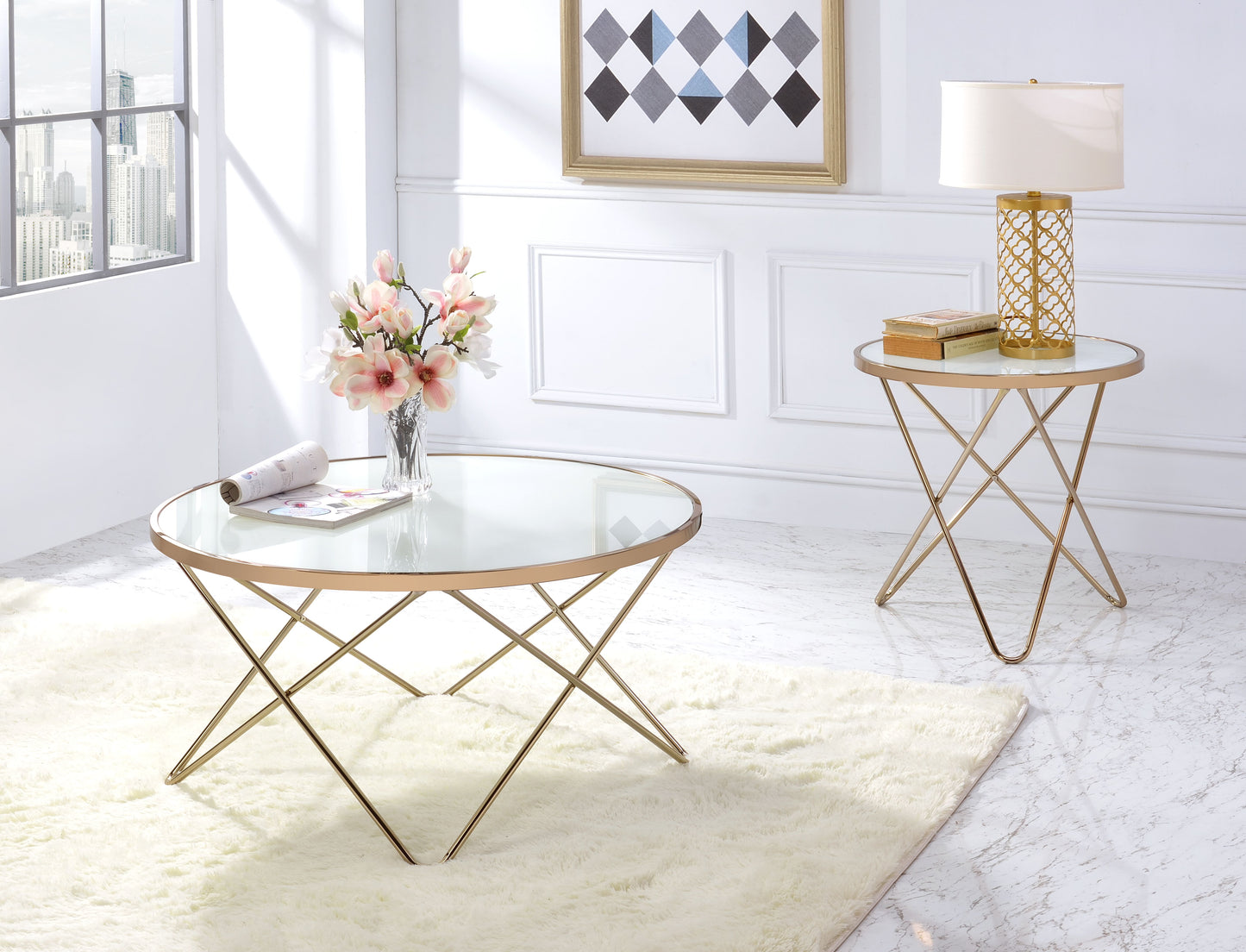 Champagne Finish Coffee Table with Frosted Glass Top