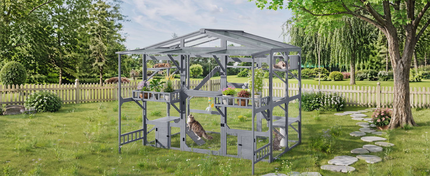 Outdoor Cat Enclosure with 6 Platforms Climbing Ramp & Resting Box for Multiple Cats - Grey