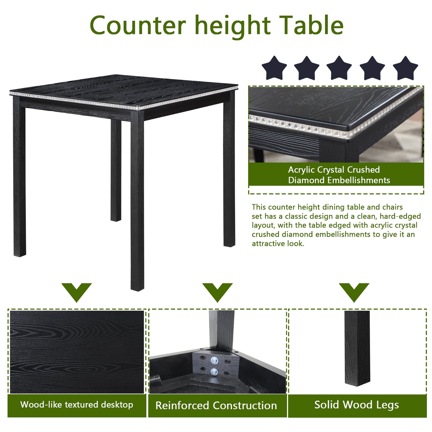 5-Piece Counter Height Dining Table Set with Upholstered Chairs