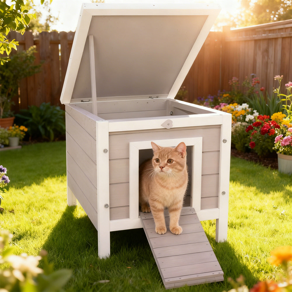 Outdoor Wooden Rabbit Hutch with Waterproof Roof & Raised Platform - Gray Pet House