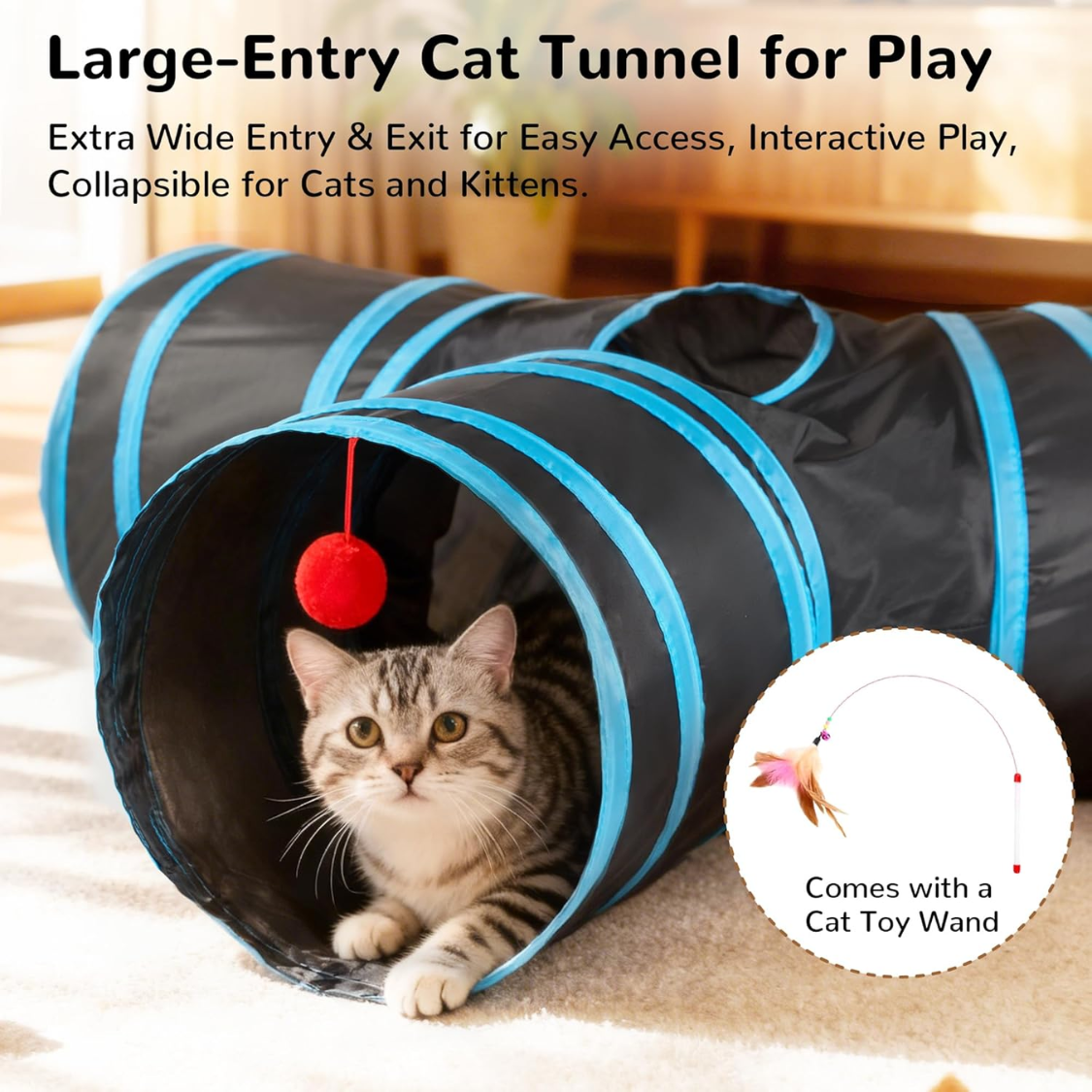 Collapsible Cat Tunnel Tube Toys for Indoor Cats with Peek Holes & Teaser Wand