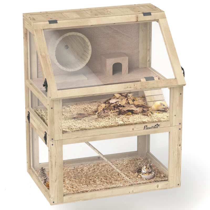 3 Tier Wooden Hamster Cage with Detachable Bottom, Hut, Seesaw, Ramps & Exercise Wheel