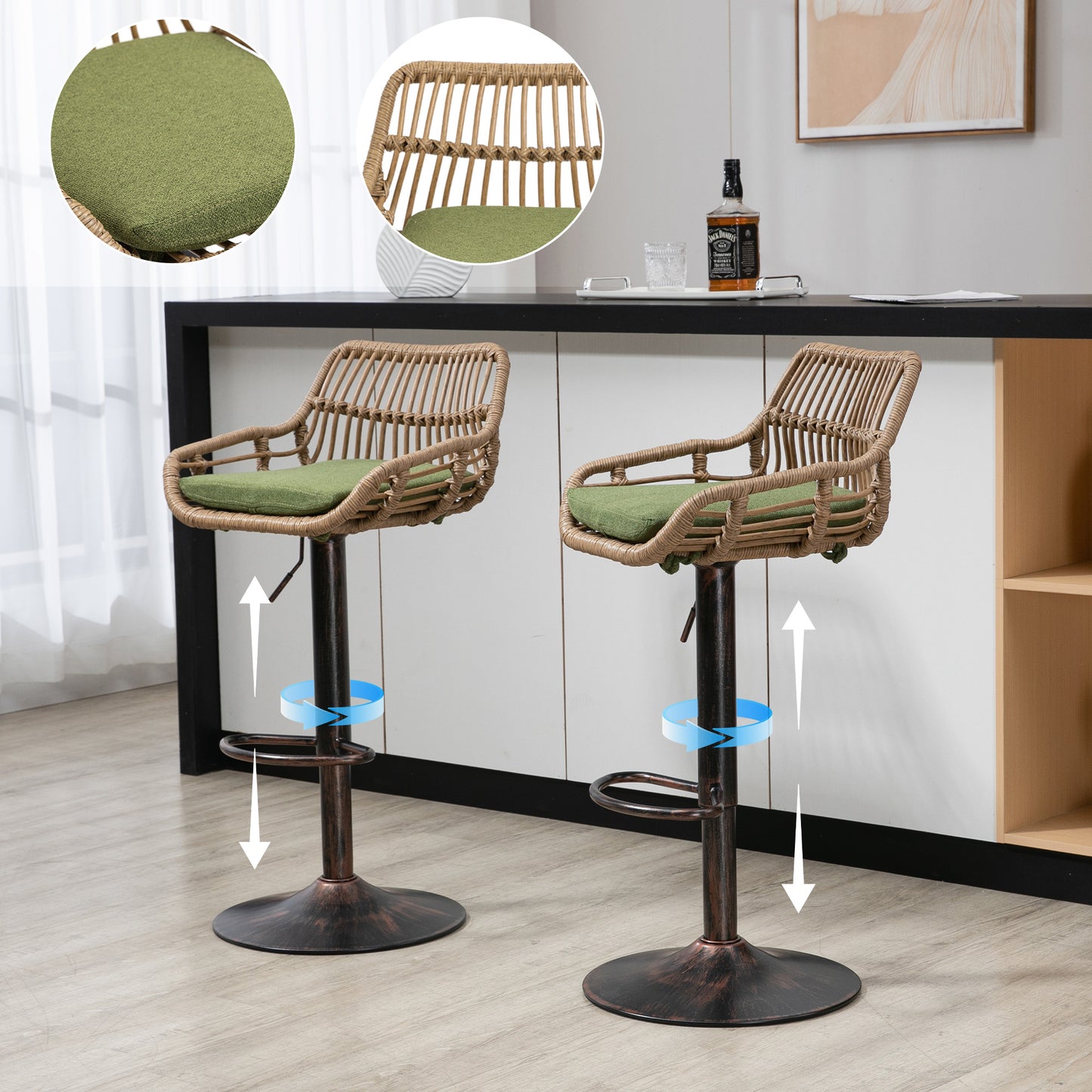 Adjustable Green Swivel Bar Stools Set of 2 with Footrest