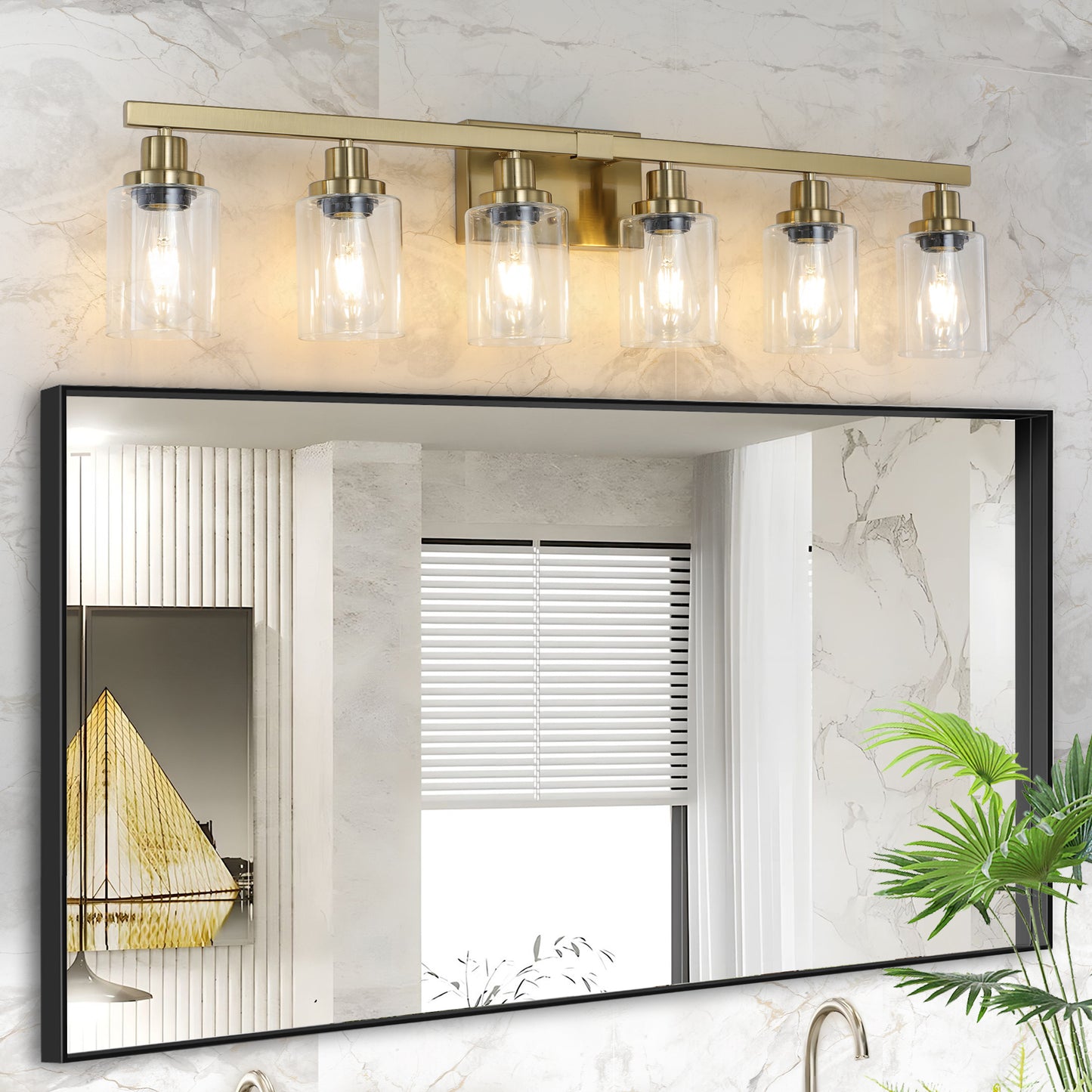 Golden 6-Light Vanity Light Fixture with Clear Glass Shades