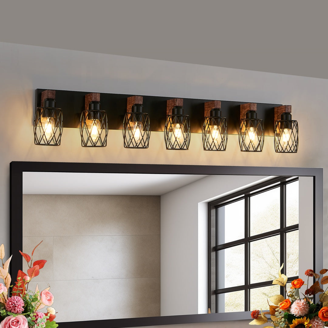 Vintage Industrial 7-Light Wall Sconce - Black Cage & Wood Accents