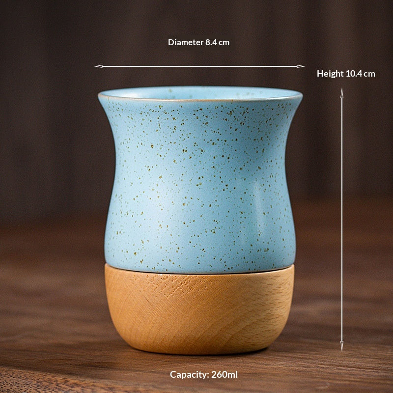 Retro Solid Wood Base Stoneware Coffee Mug 260ml - Multiple Colors