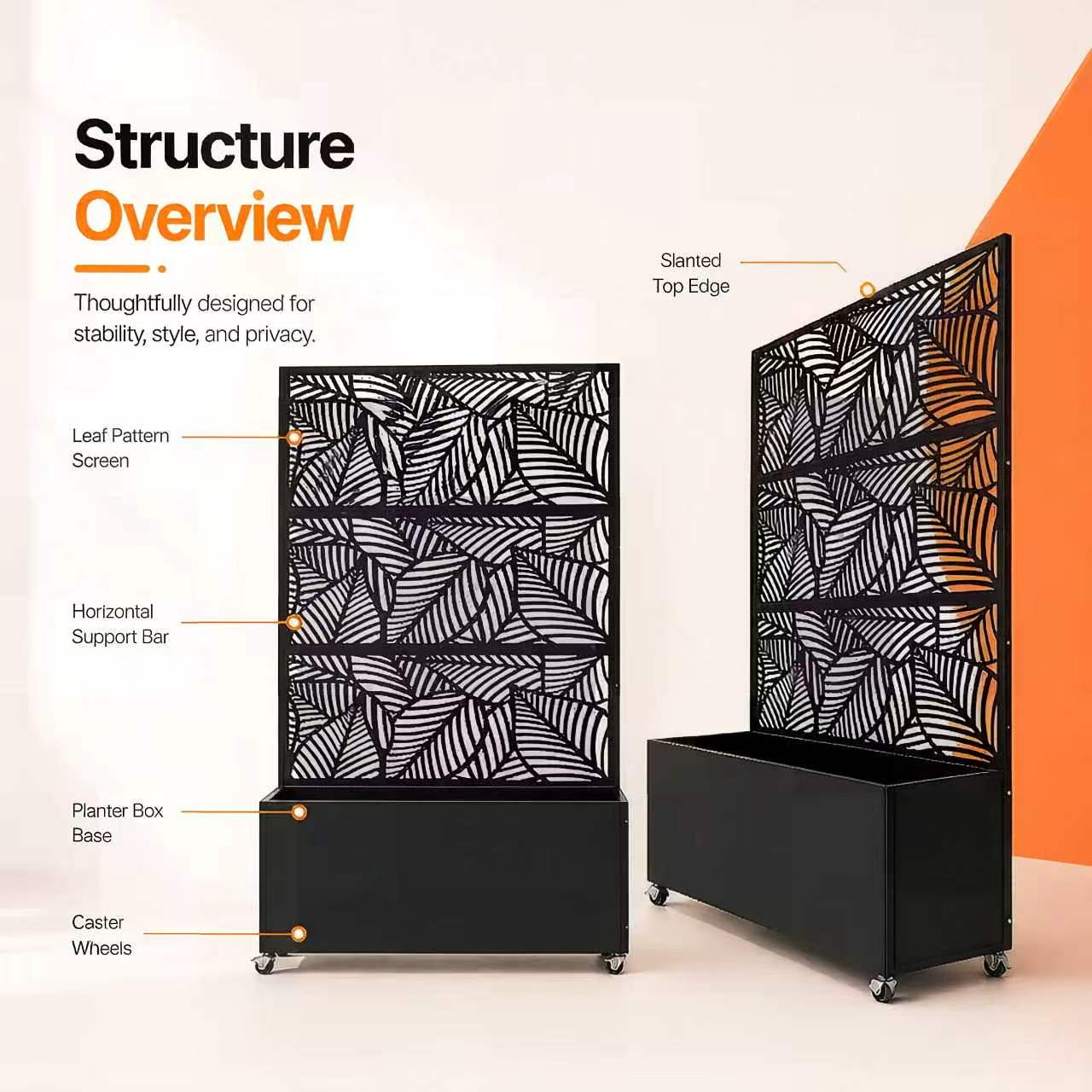 Leaf Pattern Privacy Screen with Planter Box - Black Metal