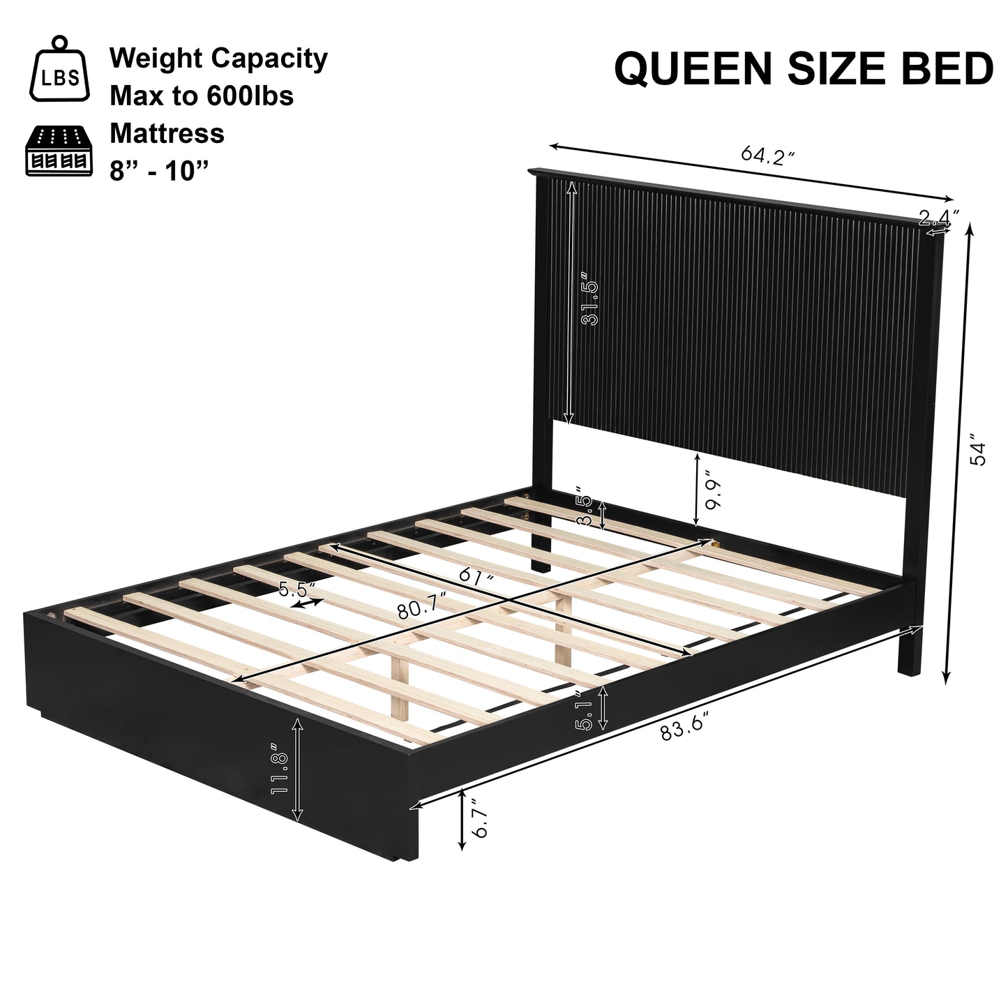 Stylish Queen Size Bed Frame - Black Solid Wood, 600lbs Capacity