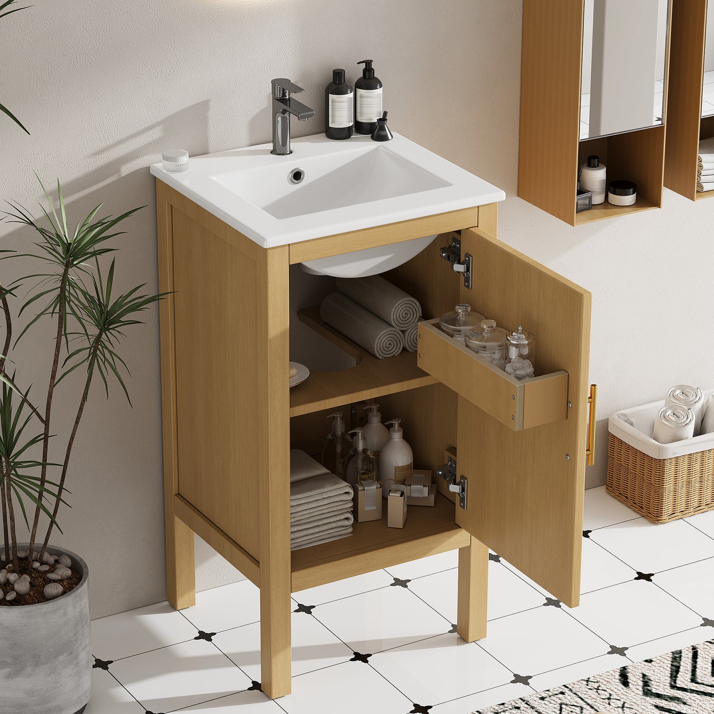 18 Bathroom Cabinet With Storage, Small Space Solution Ceramic Sink,