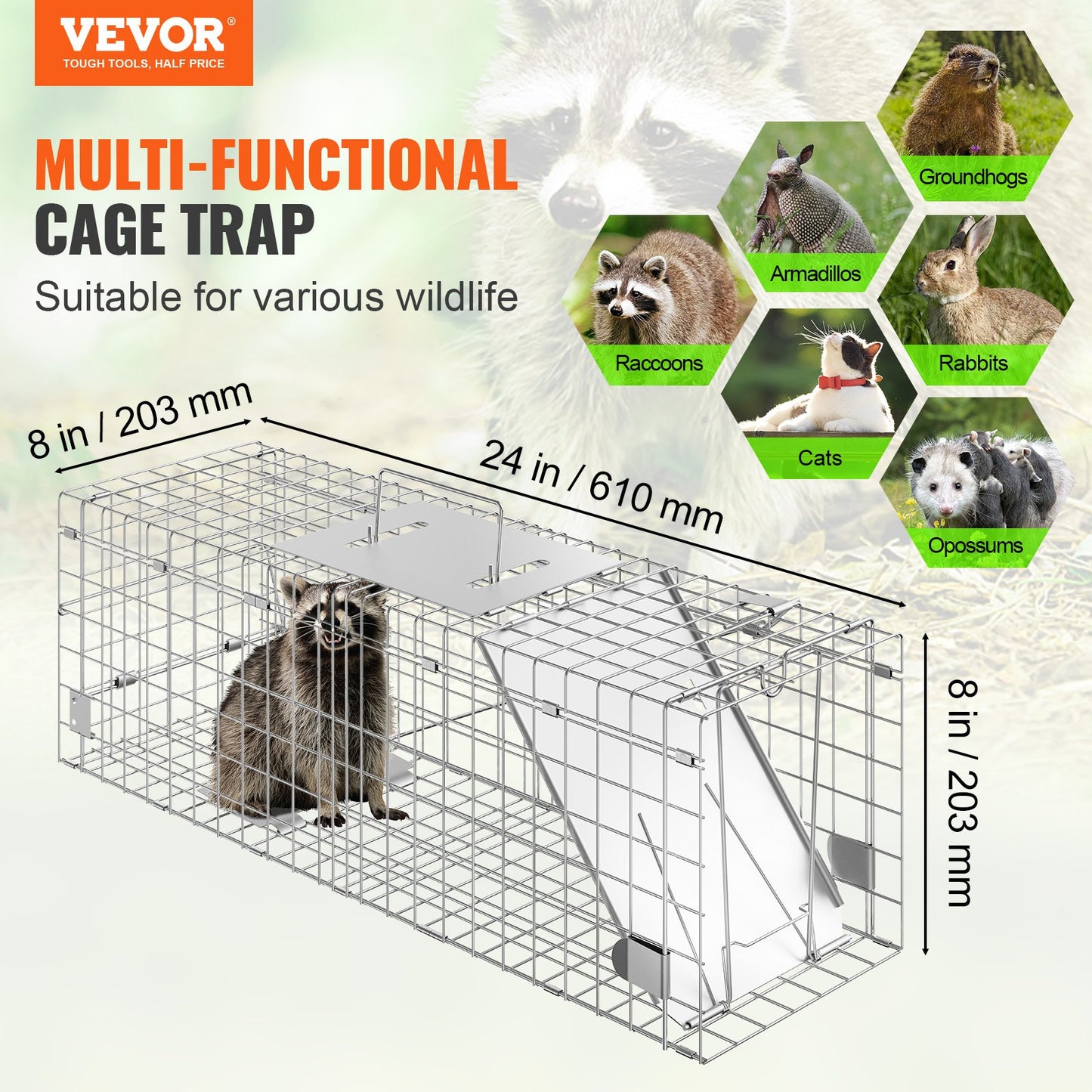 24-Inch Humane Animal Cage Trap for Raccoons, Cats, Rabbits, Squirrels