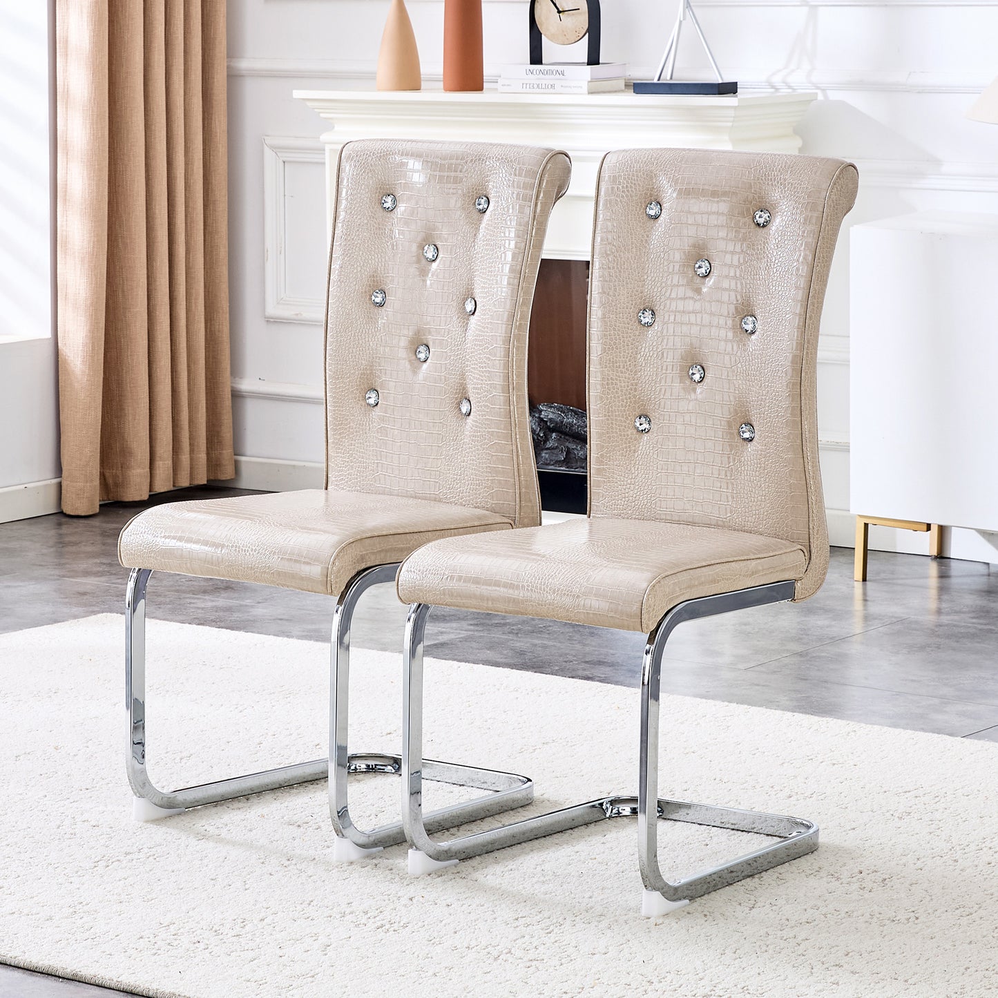 Set Of 2,Retro Alligator Skin Upholstered Dining Chairs,with Crystal
