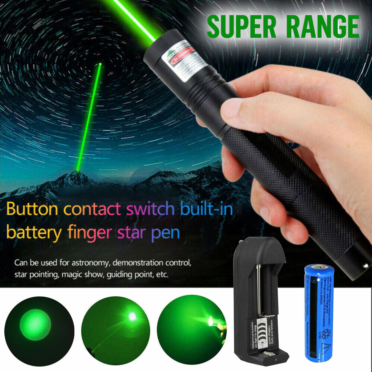 Strong Green Laser Pointer Pen Light 532nm USB Rechargeable Torch 2 Pack