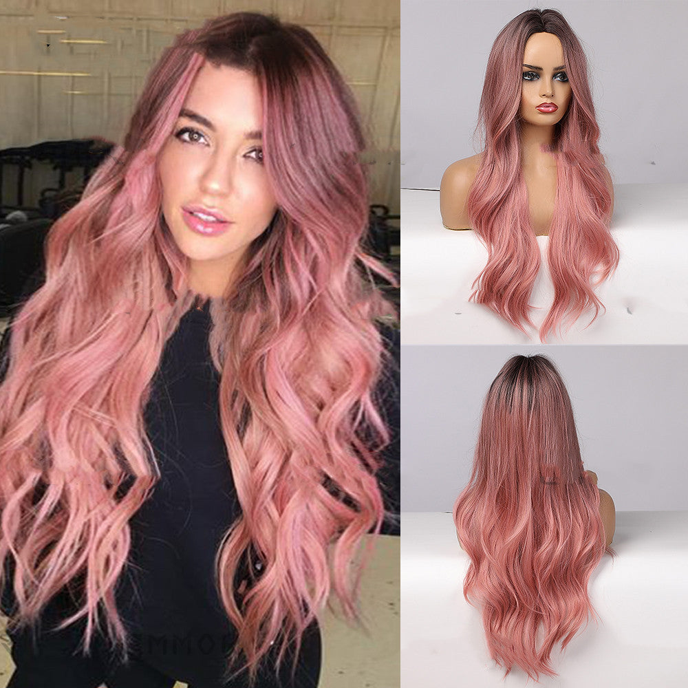Long Curly Wig with Bangs - Gradient Pink Anime Hair Headgear for Cosplay & Daily Wear