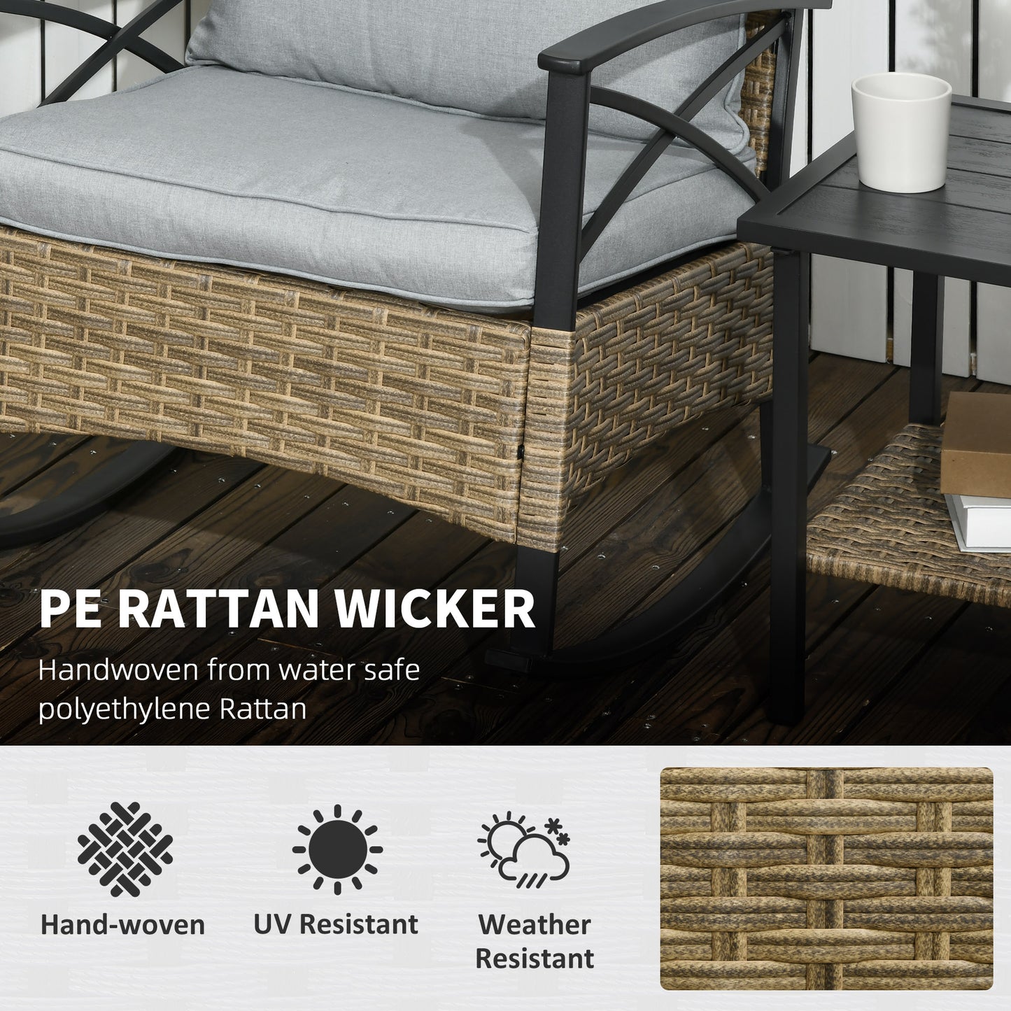 3-Piece Outdoor Wicker Rocking Chair Set with Cushions & Coffee Table - Light Gray
