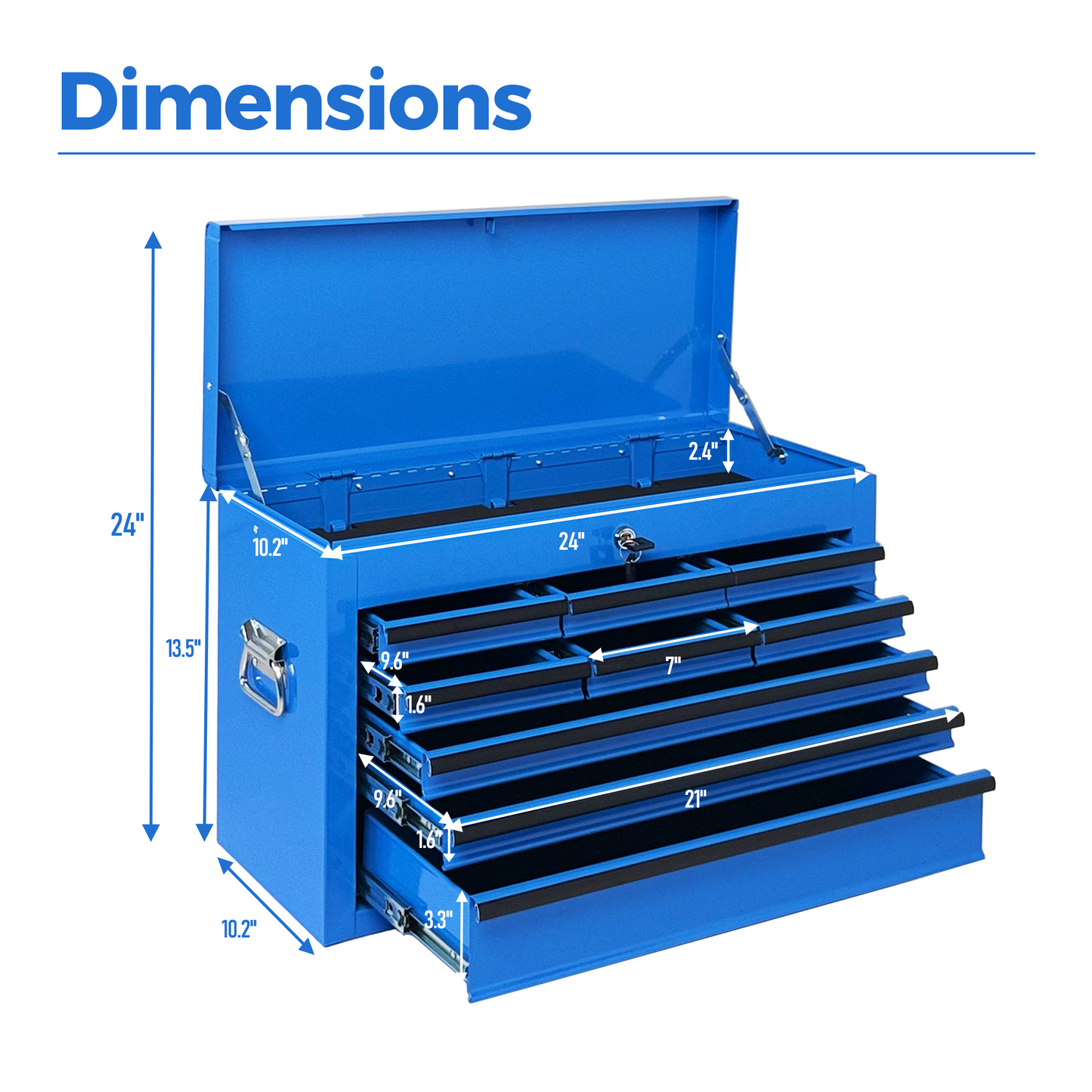 Heavy Duty Metal Tool Box 24-Inch with 9 Drawers and Locking Mechanism - Blue