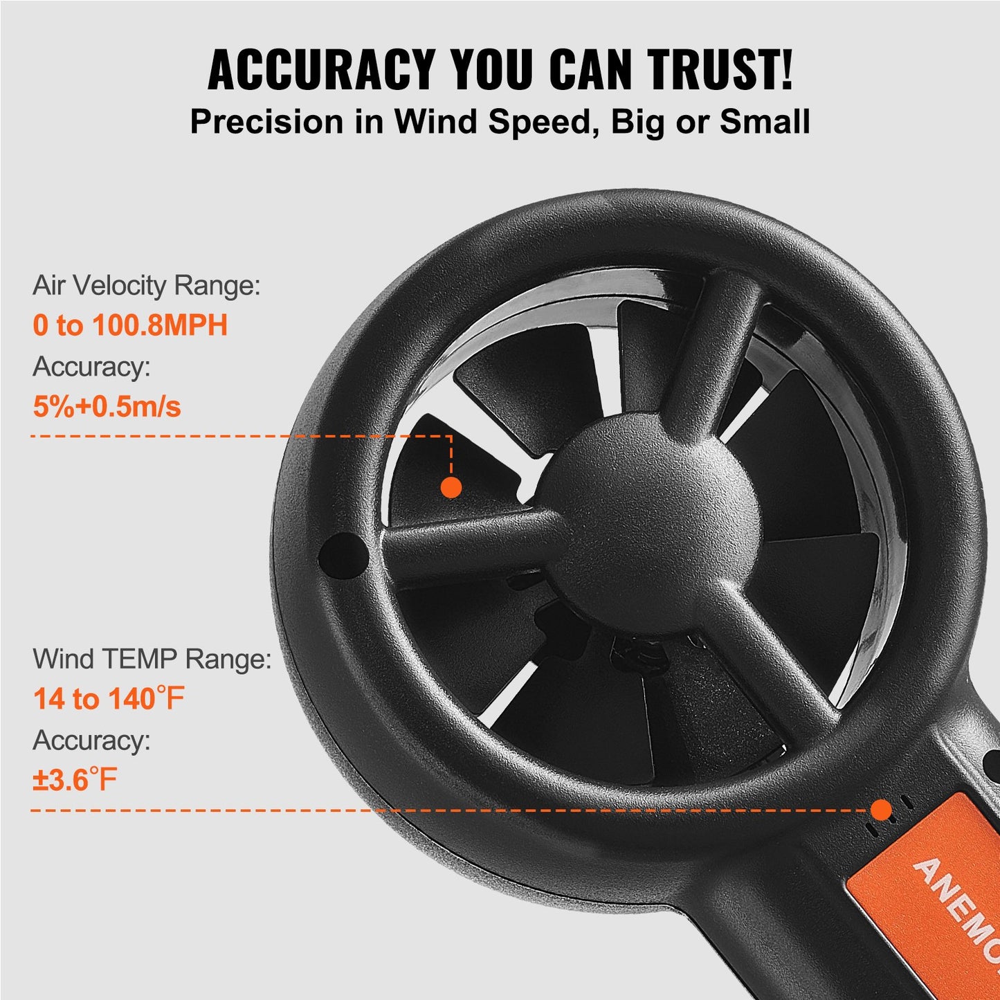 Digital Wind Speed & Temperature Meter with LED Backlight - Orange