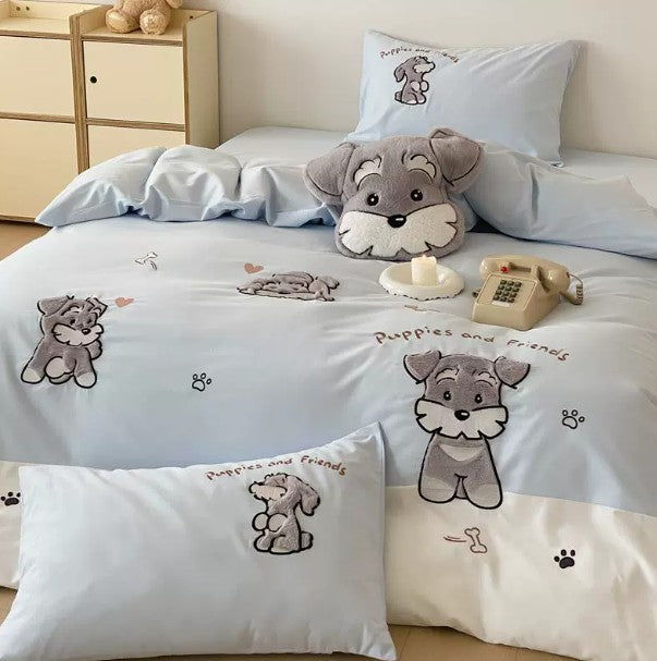 Cute Schnauzer Cotton Bedding Set - Embroidered Cartoon Bed Linen