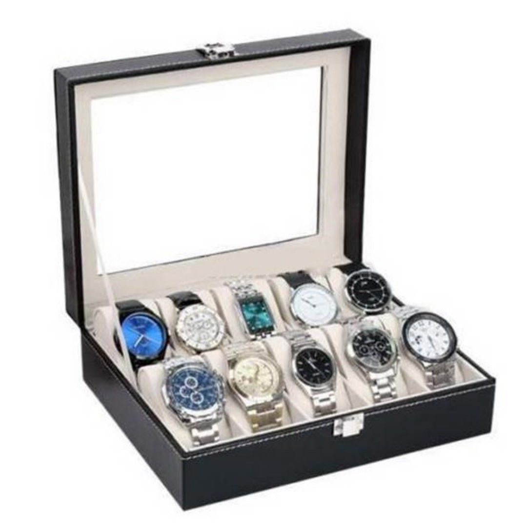 10 Compartments High-grade Leather Watch Storage Box Black