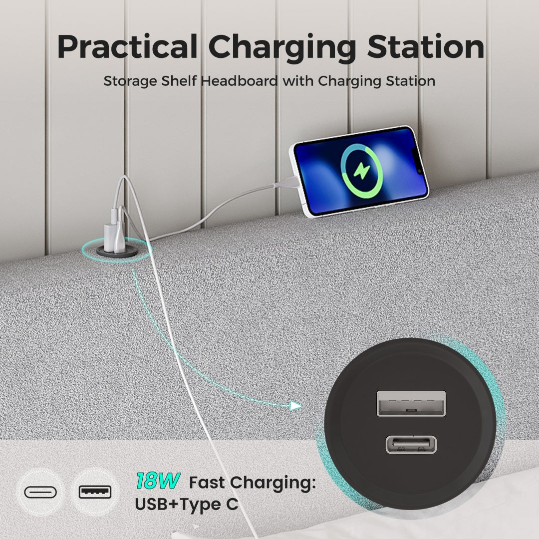 Full Size Upholstered Bed Frame with USB Charging Ports - Grey