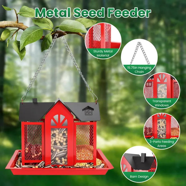 Metal Hanging Bird Feeder House - Classic Barn Design, Red & White, 15.75in Outdoor Garden Decor