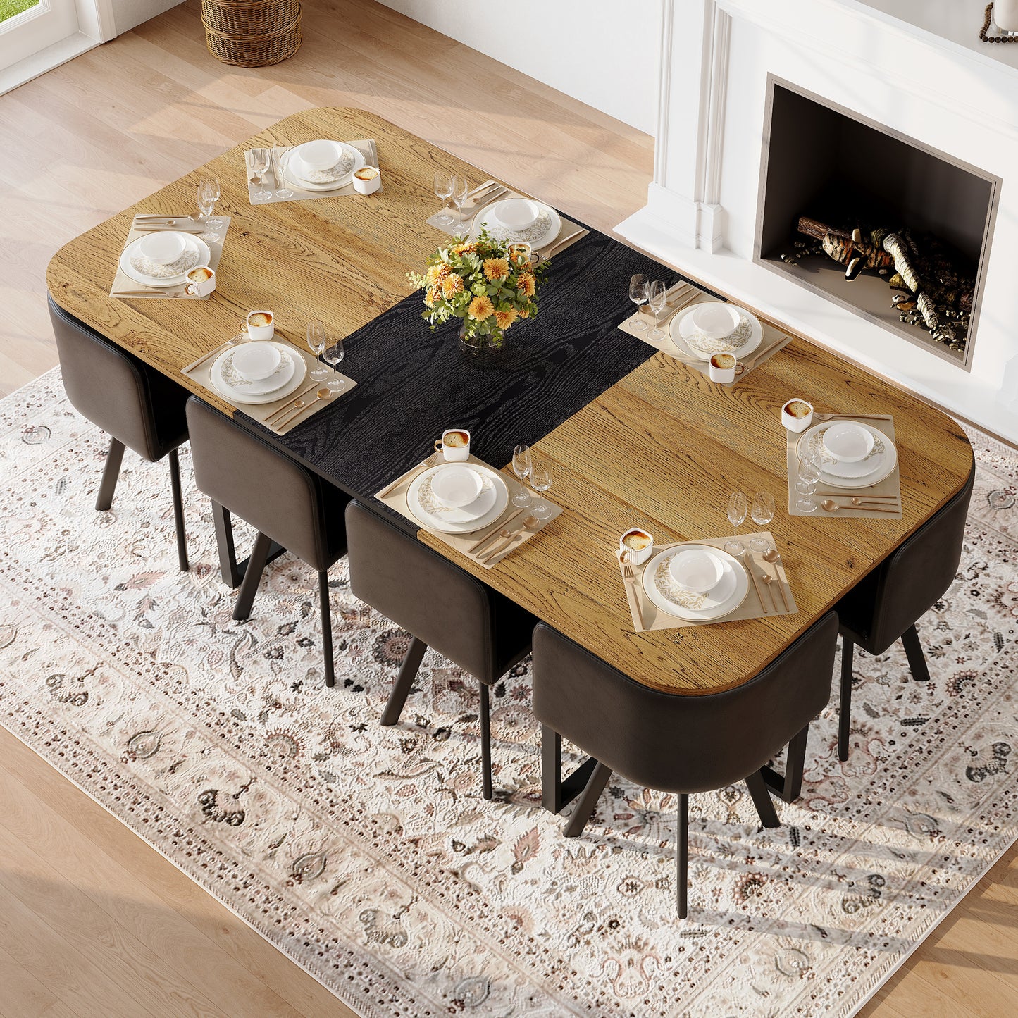 9-Piece Square Dining Table Set, Fixed Two-Tone Wood Grain & Black