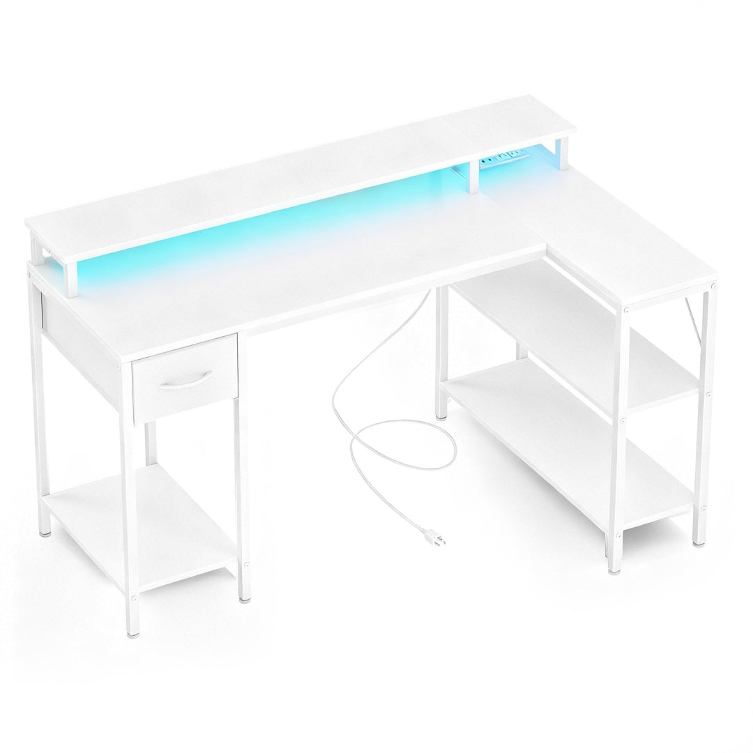 L-Shaped Gaming Table with USB Charging & LED Light