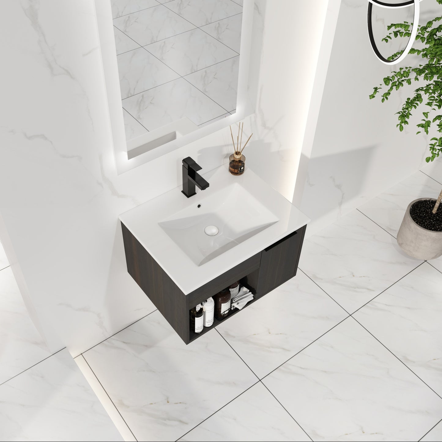 24" Wall-Mounted Bathroom Vanity with Ceramic Sink - Dark Oak