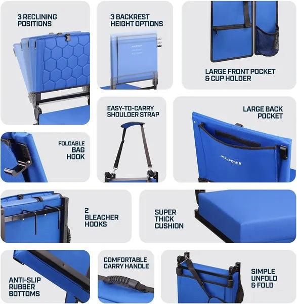 Folding Reclining Stadium Seat with Back Support - Royal Blue