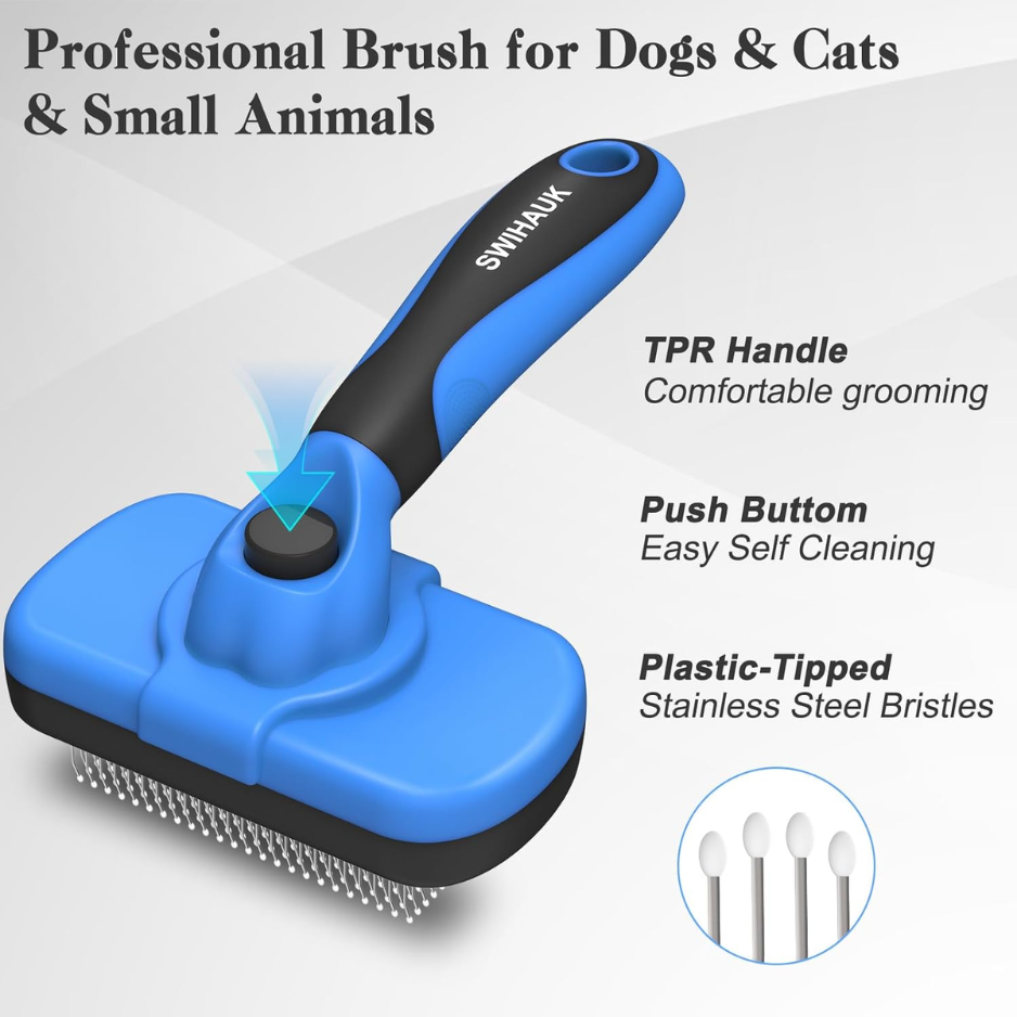 Self Cleaning Slicker Brush for Dogs & Cats - Gentle Deshedding Grooming Tool - Blue