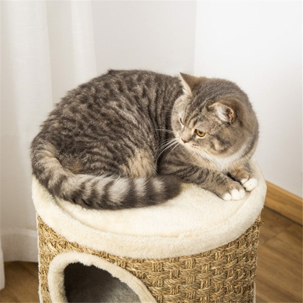 Wooden Cat Tree Tower with Scratching Posts and Cozy Hideouts - Multi-Color