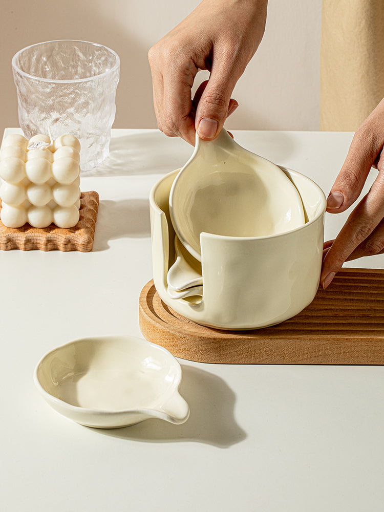 Porcelain Sauce Dish Set - 4 Pcs with Evaporated Milk Yellow Handles