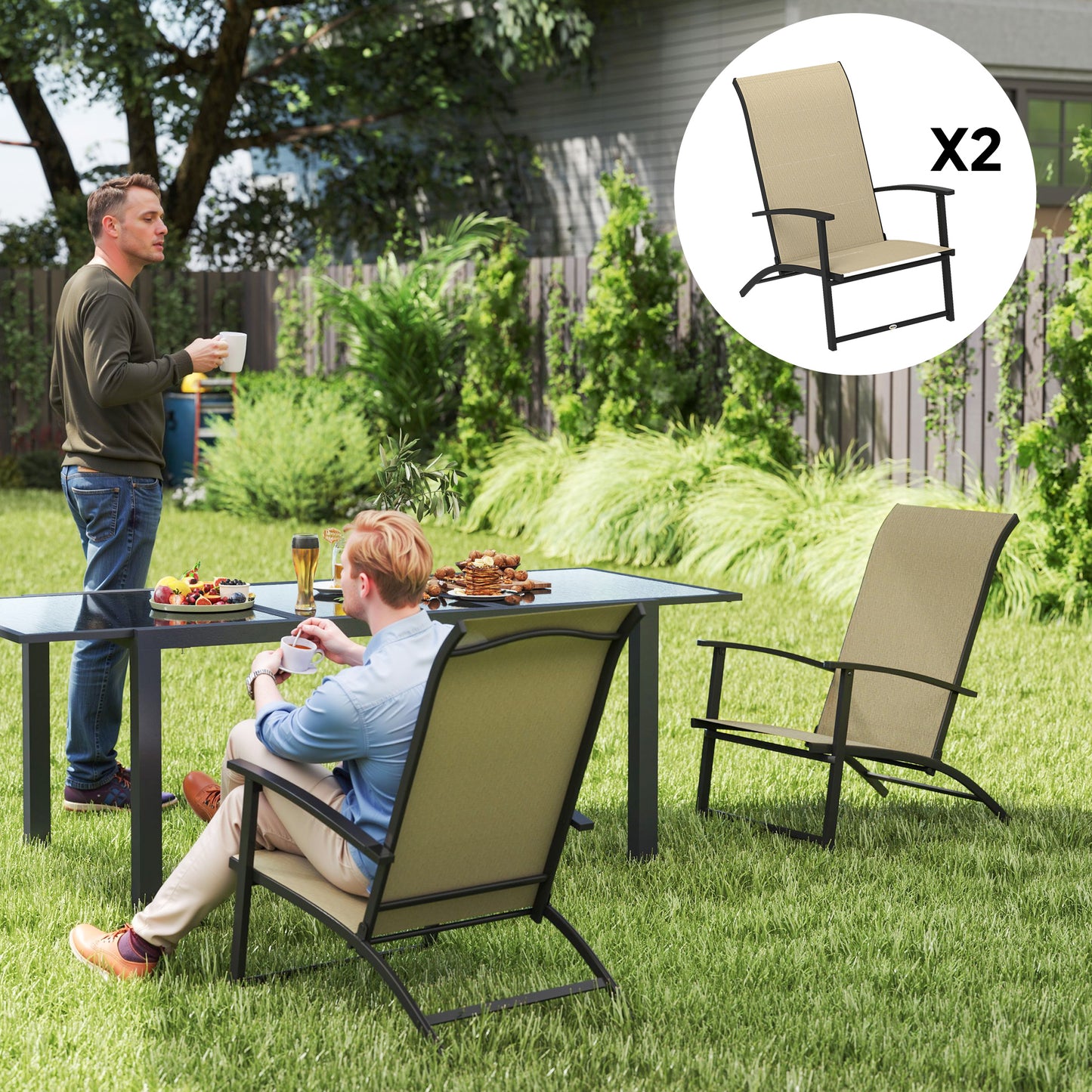Set of 2 Folding Outdoor Dining Chairs with High Back & Armrests - Beige