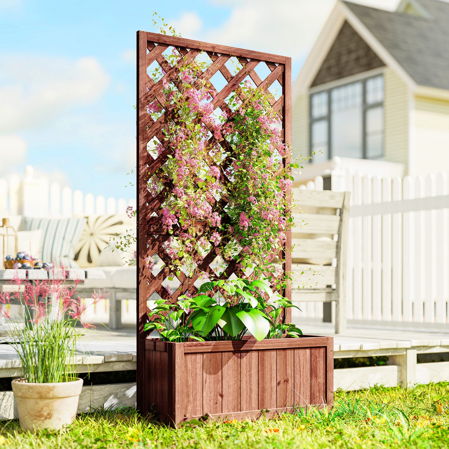 Wooden Raised Garden Bed with Trellis - Outdoor Planter Box, Orange 820x820x85mm