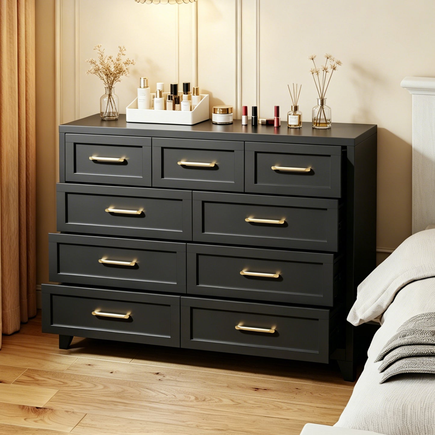 9-Drawer Tall Dresser - Black Metal Storage Cabinet with Smooth Drawers