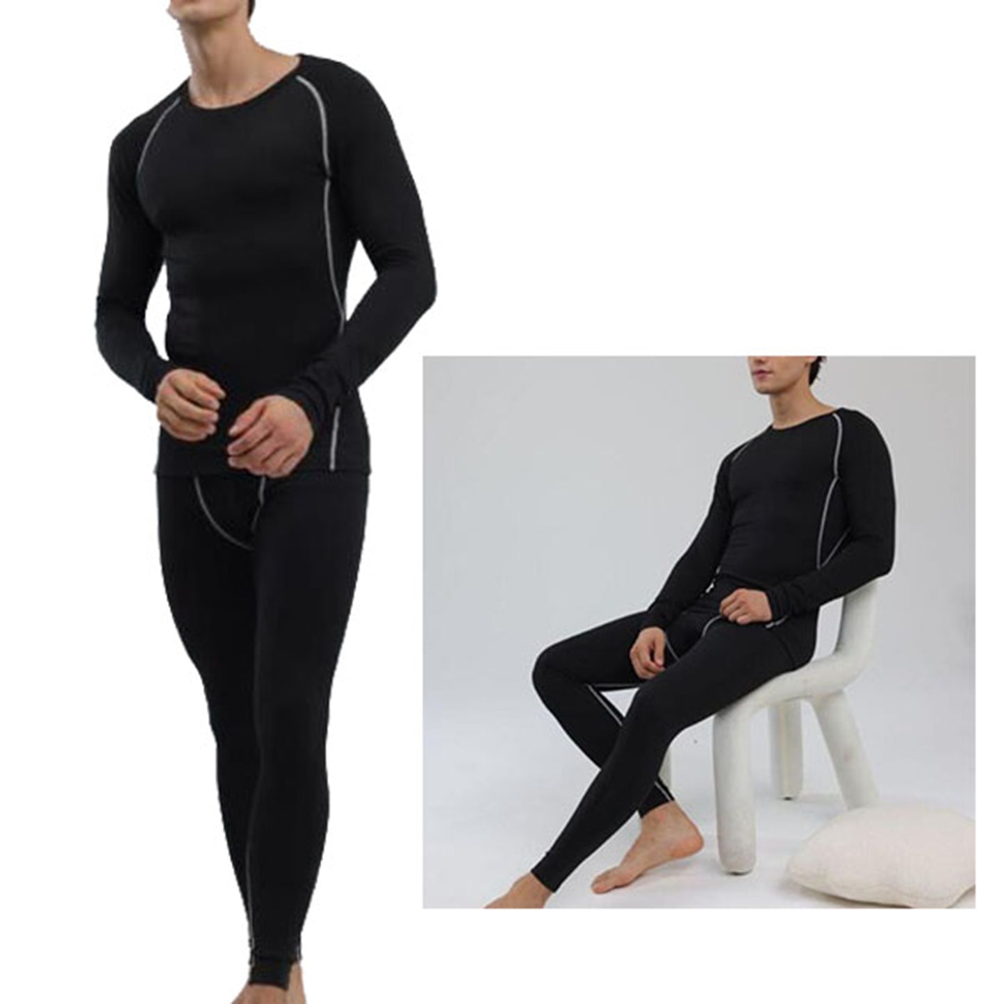 Men Thermal Underwear Set Slim Fit Base Layer Top Bottoms Suit For