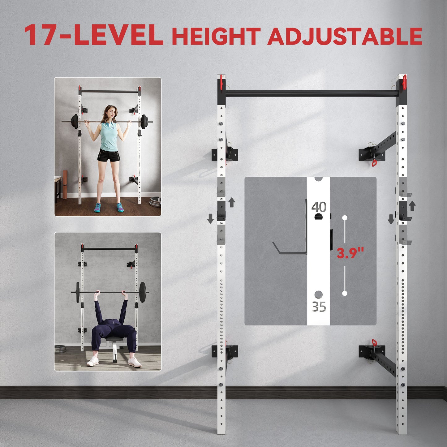 Folding Squat Rack with Pull Up Bar - Adjustable Wall-Mounted Design, 1000 lbs Capacity, White