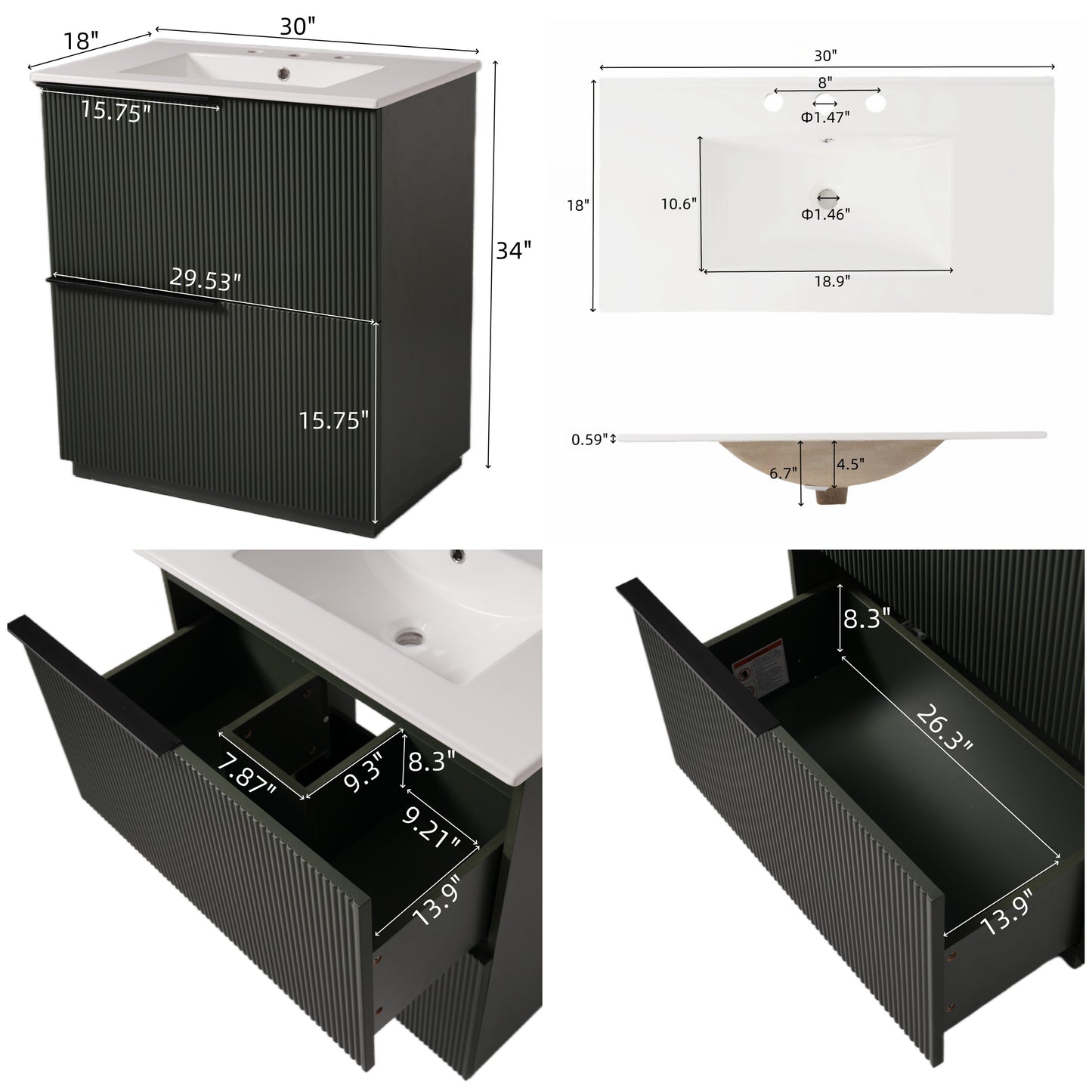 30" Bathroom Vanity with Ceramic Sink, Full-Extension Drawers, Green