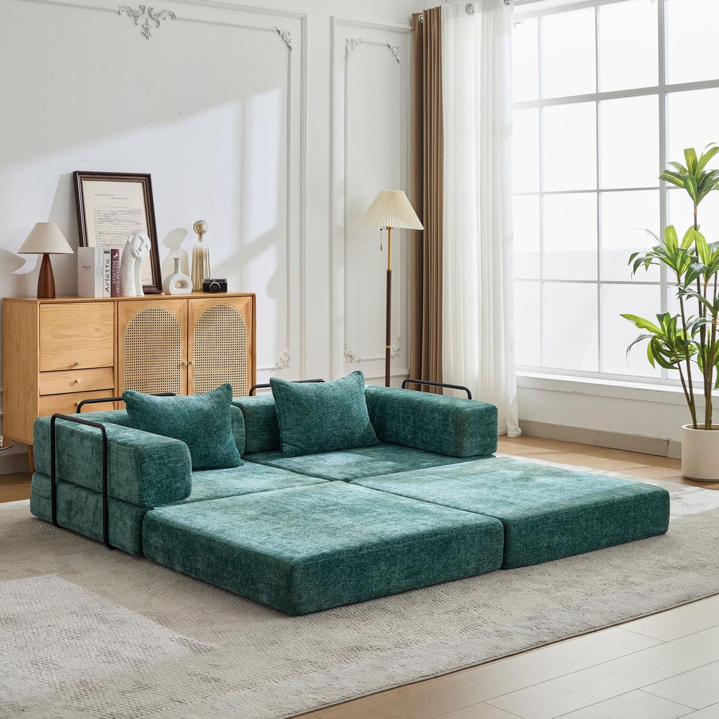 Convertible Floor Sofa Bed - Dark Green Chenille Fabric