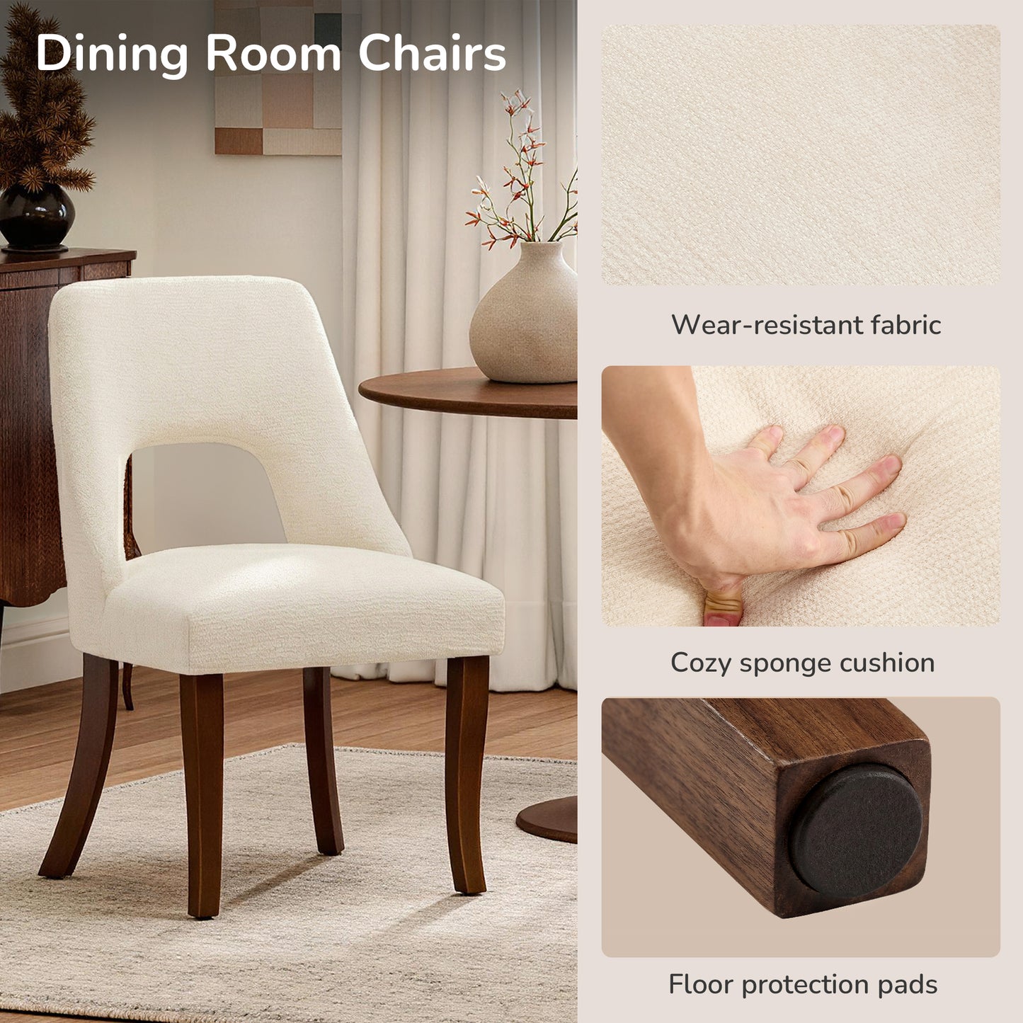 Upholstered Dining Chair Set of 2 - Beige Chenille & Wood Legs
