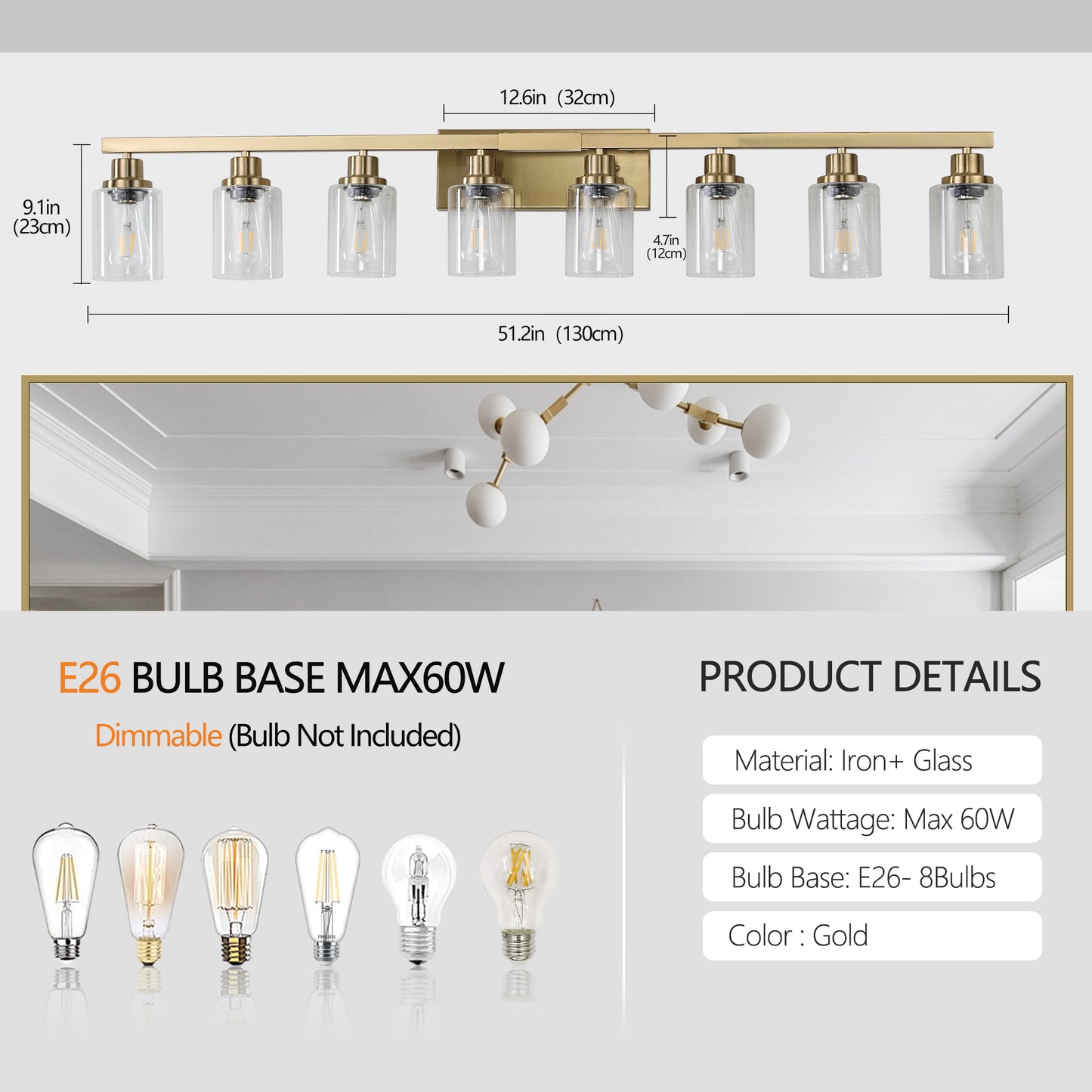 Golden 8-Light Vanity Light Fixture with Clear Glass Shades