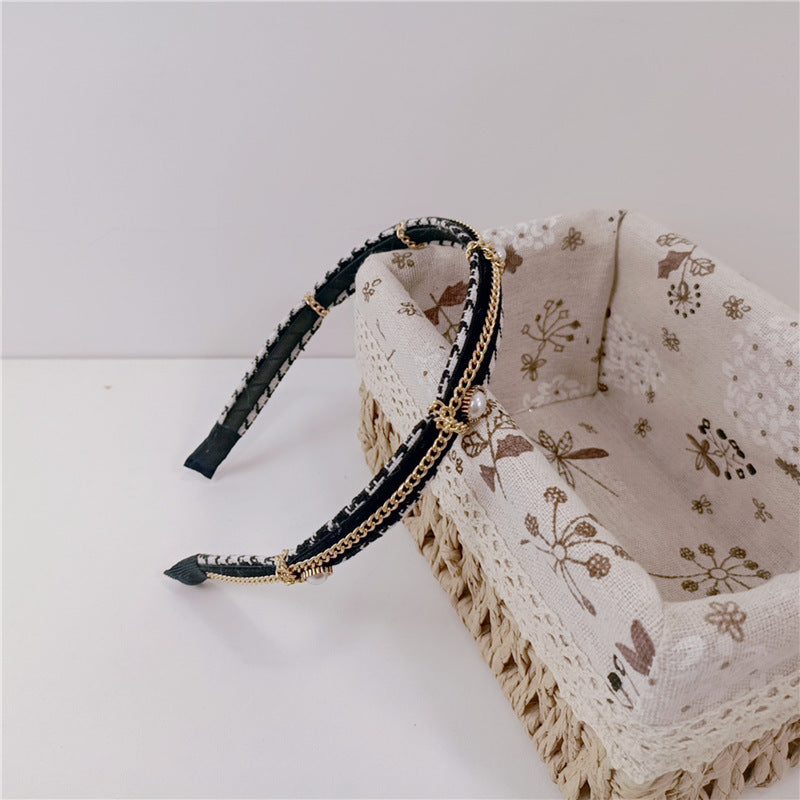 French Maiden Pearl Headband for Women - Retro Plaid Style, Black